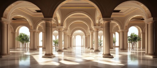Obraz premium Grand Palace Hallway, Sunlit Arches, Plants, Luxury