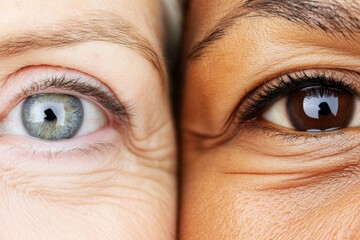Extreme close up of two women’s eyes one young one elderly showing generational contrast human aging and the passage of time with high detail photography