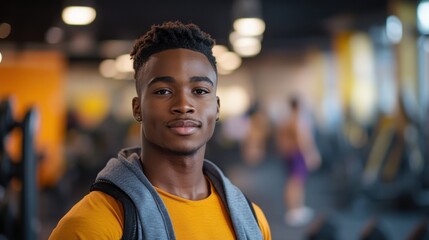Fototapeta premium A youthful Black man poses confidently in a modern gym setting. His expression reflects determination and energy, showcasing a commitment to fitness and well-being.