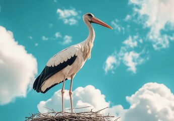 Fototapeta premium Majestic Stork Standing Proudly on Nest Against Clear Blue Sky with Fluffy White Clouds Capturing Nature's Beauty and Serene Environment