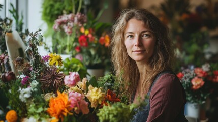 A portrait of a European female florist in her flower shop, surrounded by vibrant floral arrangements, showcasing her talent and passion for the art of flower design.