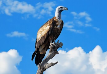 Majestic Vulture Perched on a Weathered Tree Branch Against a Bright Blue Sky with Fluffy White Clouds