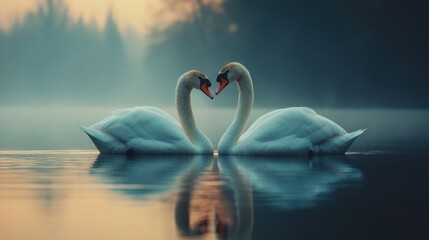 Fototapeta premium Swans heart-shape lake dawn mist romance