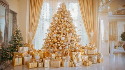 A golden-themed Christmas tree with matching ornaments and ribbon, surrounded by neatly arranged presents under the sparkling lights.