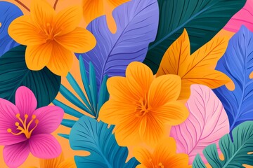 Obraz premium Vibrant tropical floral pattern with bold orange and pink flowers lush green leaves and intricate details in a modern botanical illustration with high contrast colors and stylized artistic expression