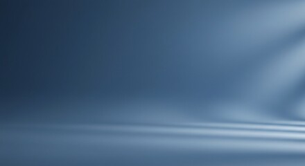 Panoramic abstract blue background for product presentation with sunlight and blurred shadows wall. Winter background.
