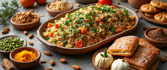 Obraz premium Delicious feast featuring flavorful rice dish and pastries