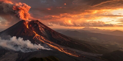 Fototapeta premium Majestic Volcanic Eruption with Flowing Lava and Fiery Sky – Aerial View