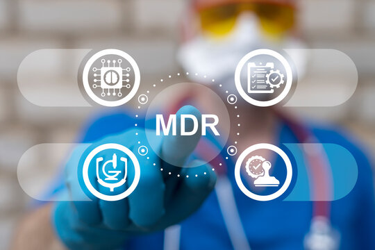 Doctor using virtual touch screen push acronym: MDR. Concept of Medical Device Regulation (MDR). Medicine Devices Regulations Service. Healthcare Quality Control Department.