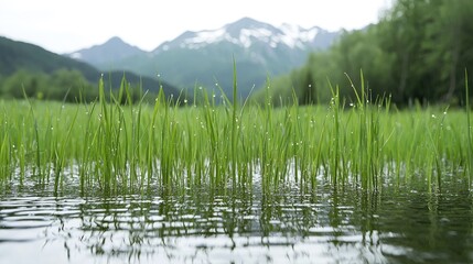 Obraz premium Dewy Grass at Water's Edge, Mountains Background, Calm Scene, Nature Photography, Peaceful