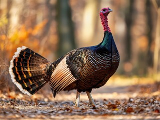 Fototapeta premium Majestic Wild Turkey Struts Along a Forest Path Surrounded by Autumn Leaves and Warm Sunlight in a Peaceful Natural Setting