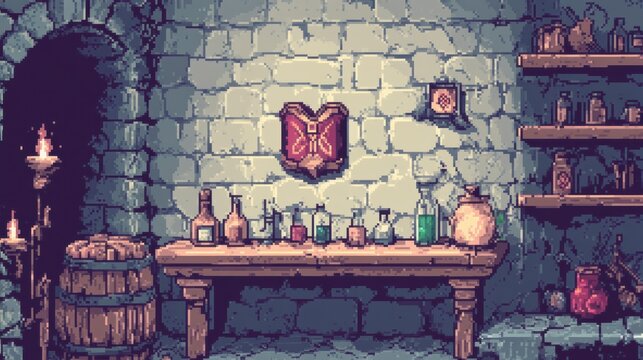 Alchemy Lab: Step into an alchemist's world filled with potions and cryptic symbols, as light dances across the stone walls, illuminating the mysterious treasures on the shelves and table.