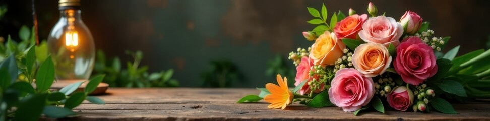A beautiful spring bouquet of colorful flowers on a rustic wooden table surrounded by greenery and a lit lamp bulb, wooden table, indoor spring decor