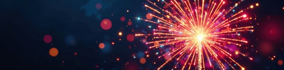 A burst of fireworks releasing colorful sparks into the air with dynamic motion blur , dynamic effects, aerial fireworks