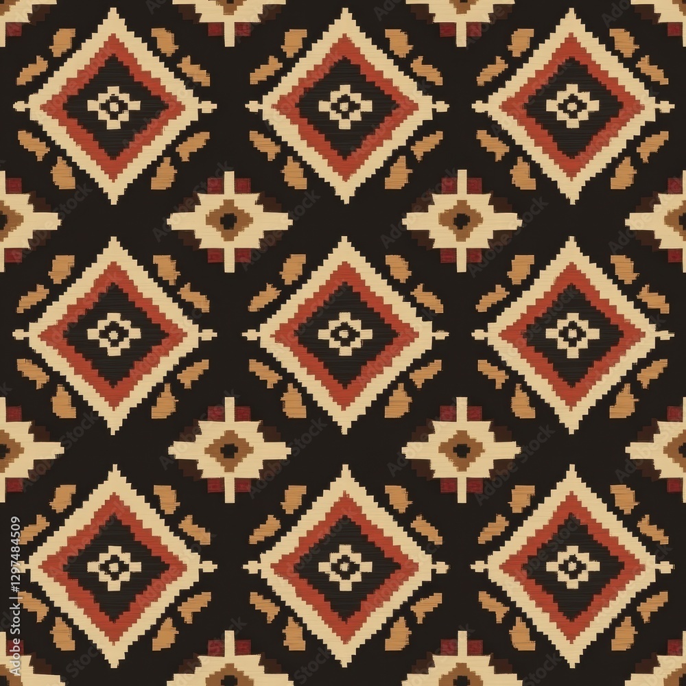 Poster Decorative geometric pattern featuring diamonds and earthy tones on a dark background for creative projects. Generative AI