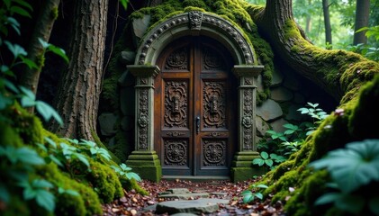 Fototapeta premium Ancient wooden door with intricate carvings and moss-covered in a dimly lit forest, forest, carved details