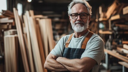 A middle-aged European male carpenter stands confidently in his workshop, surrounded by wood and tools, showcasing his craftsmanship and professional skills.