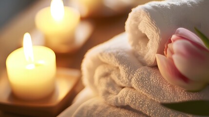Calming spa retreat experience with candles and lush towels tranquil environment relaxation concept