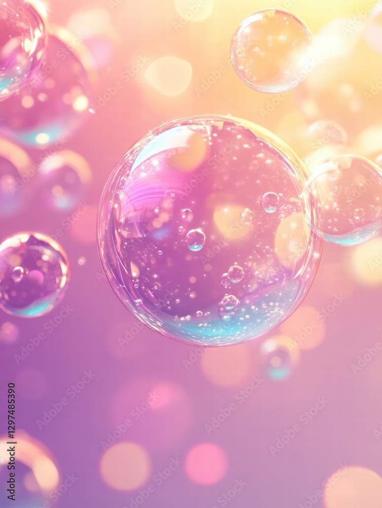 Poster bubbles floating in vibrant colors against a blurred purple background during late afternoon light. 