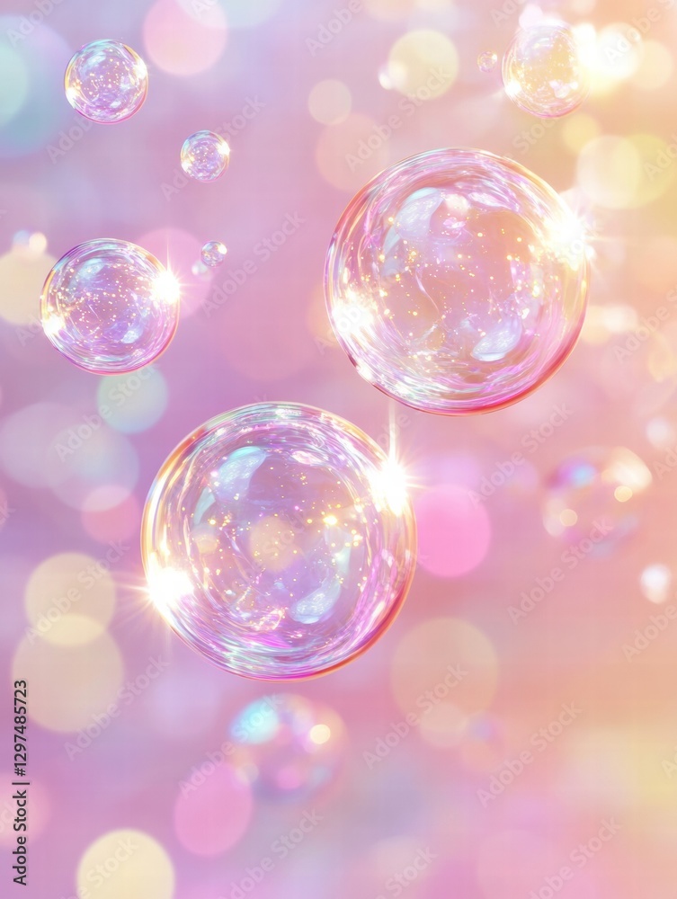 Poster colorful bubbles float gracefully in a dreamy pastel background filled with soft light and shimmerin