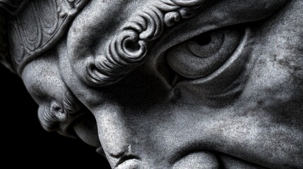 Close-up of a detailed stone sculpture's face, showcasing intricate features and textures
