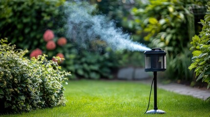 Outdoor garden scene with smoke coming from electric smoker surrounded by lush greenery and vibrant flowers