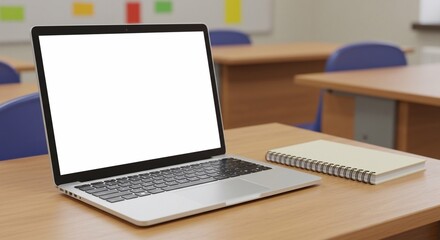 Fototapeta premium Mock up laptop, notebook on young student desk. Back to school mock up. 