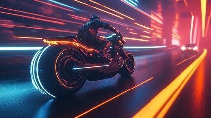 Obraz premium Futuristic Ride: A sleek, neon-lit motorcycle races through a cyberpunk cityscape, blurring speed lines highlighting cutting-edge design and high-tech aesthetic.