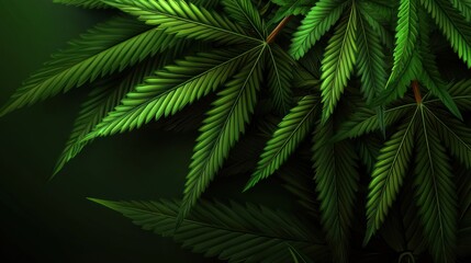 Lush green cannabis leaves layered intricately against a dark background, symbolizing nature's bounty