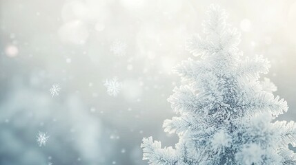 A magical white Christmas tree with snowflakes on a softly blurred background, ideal for a contemporary and elegant Christmas card design.