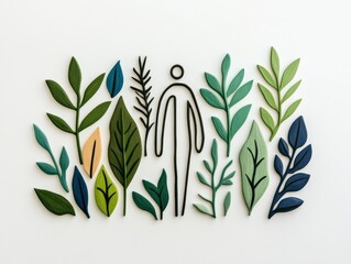 Modern botanical vector illustration of human silhouette integrated with lush green foliage symbolizing unity with nature sustainability and environmental consciousness in an abstract digital artwork