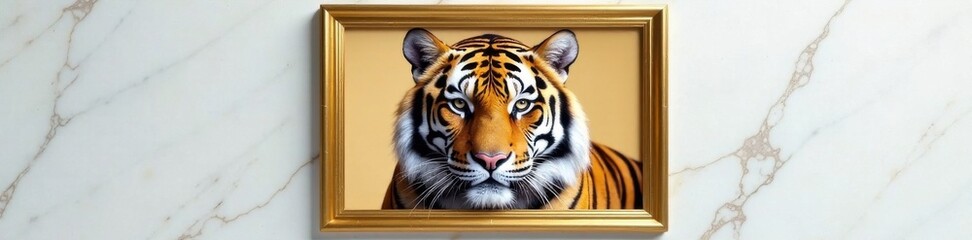 Obraz premium Elegant tiger's face in a golden frame set amidst a white marble surface, golden, elegant
