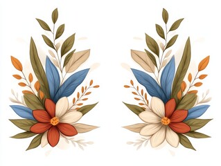 Fototapeta premium Symmetrical floral arrangement with earthy toned leaves and orange berries in elegant botanical composition creating artistic and decorative natural design