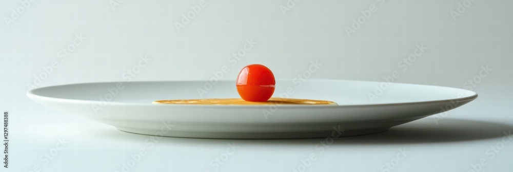 Poster unique culinary presentation featuring a tomato on a pancake served on a clean white plate. generati