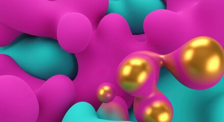 Abstract Fluid Shapes: A vibrant arrangement of flowing, abstract fluid shapes in striking turquoise, magenta and gold hues, creating a captivating and modern visual composition. 