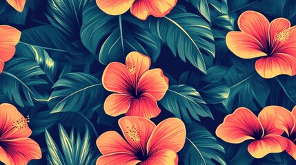 Vibrant hibiscus flowers with lush green leaves on a dark background.
