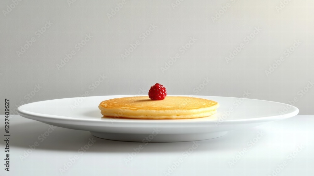 Poster Freshly prepared stack of pancakes topped with a single raspberry on a clean white plate. Generative AI