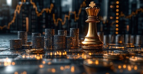A design for business, investment, and financial planning, featuring a background of a stock market line chart with a chessboard containing international chess pieces and gold coins.