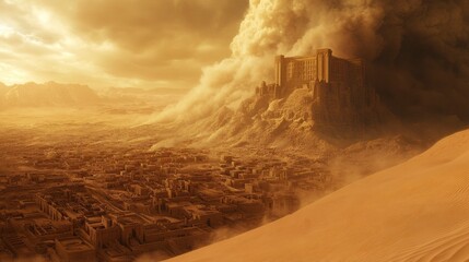 Obraz premium Desert Fortress: Sandstorm Fury: An ancient fortress stands defiant against a massive, swirling sandstorm, its towering walls partially obscured by the onslaught of sand.