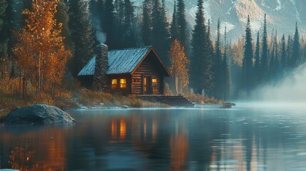 Obraz premium Serene Lakeside Cabin: A cozy cabin on the shore of a tranquil lake, nestled amidst a dense forest, with steam rising, as the lights inside warmly glow. Capturing peace and solitude