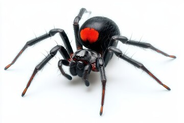 Obraz premium Close-up view of a spider with a striking red marking on its back, isolated on a white background