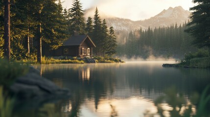 Fototapeta premium Tranquil Lakeside Cabin: A serene cabin nestles beside a calm lake, surrounded by lush green trees and majestic mountains in the soft morning mist.