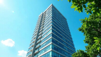 Obraz premium High-rise office tower on a clear blue day with lush greenery, urban scenery, office space