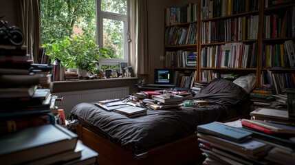 Cozy bedroom filled with books, a cluttered bed, and a sunny window view of greenery outside