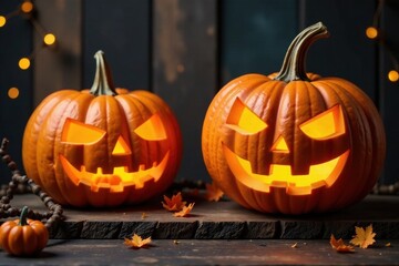 Obraz premium Large carved jack-o-lanterns on rustic wooden boards and vines, pumpkins, fall decor