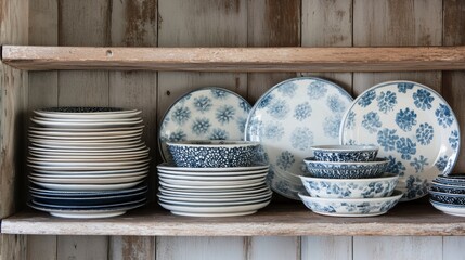 Shelf's Delight: A meticulously arranged collection of vintage-style plates and bowls sit on a rustic wooden shelf, each piece telling a story of past gatherings and future feasts.
