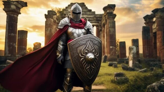 The war knight charged into battle, clad in shining armor and wielding a sword of justice.