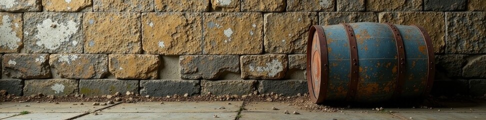 Old metal barrel against a stone wall in an abandoned industrial area, abandonment, wilderness