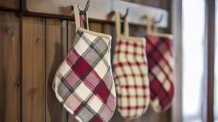 Cozy Kitchen: A trio of patterned oven mitts hangs on hooks against a rustic wood panel, evoking warmth, functionality, and a sense of home.