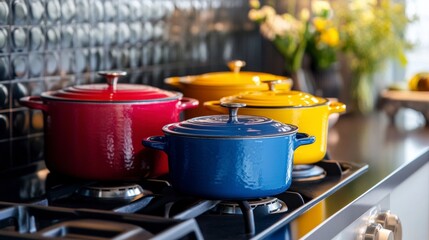 Vibrant Cookware Collection: An eye-level shot that highlights a vibrant arrangement of three colorful pots displayed on a stove top.